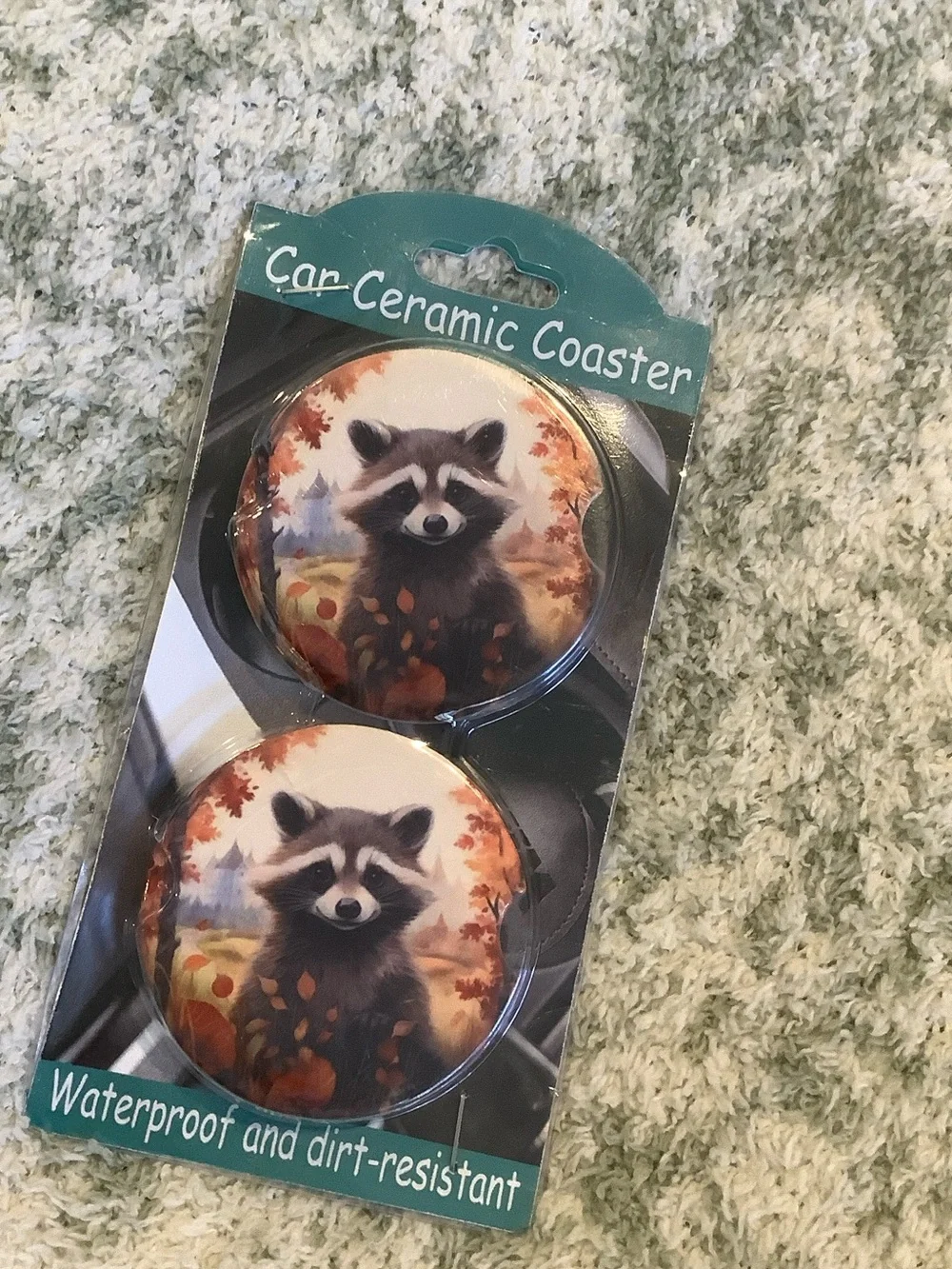 Raccoon Ceramic Car Coaster Set of Two, NWT waterproof 2.75”
